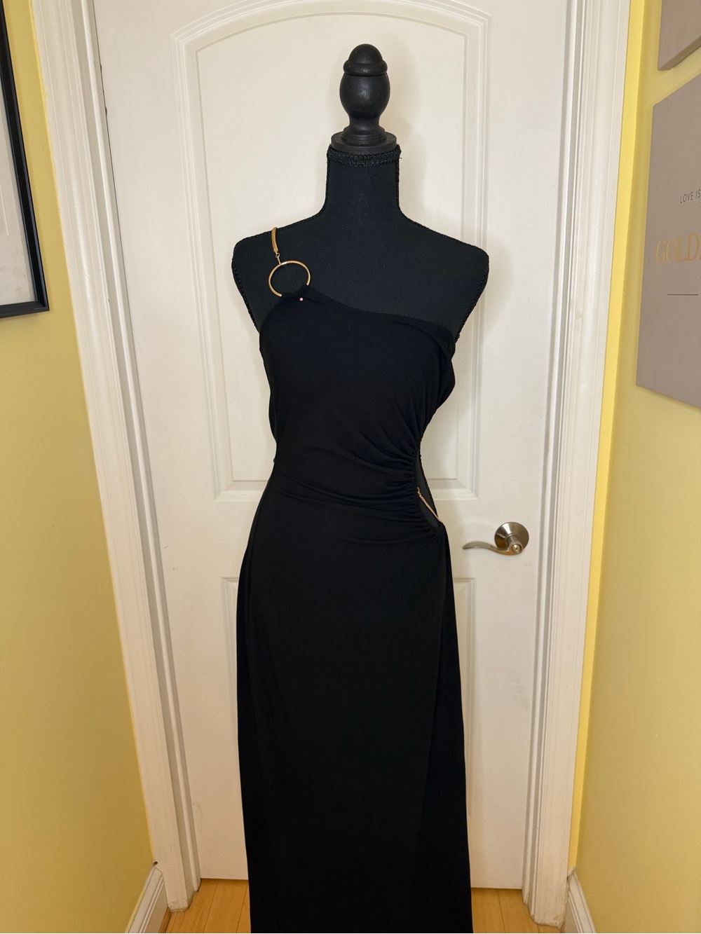 WeWoreWhat One-Shoulder Black dress with Gold Ring Accent and chain, size XL